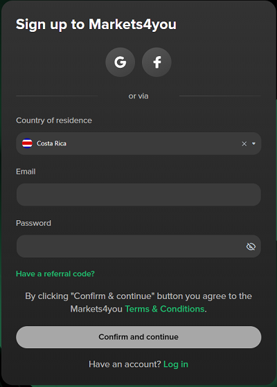 Markets4you registration form