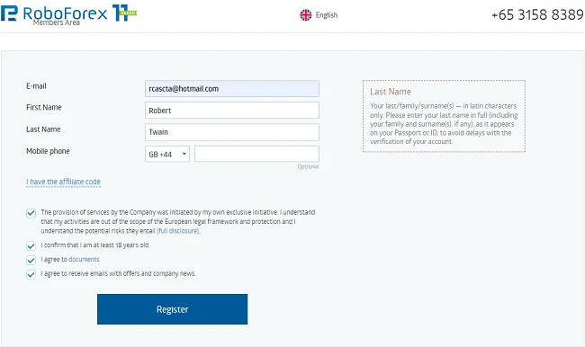 Account opening form RoboForex