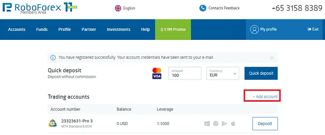 Add account form RoboForex