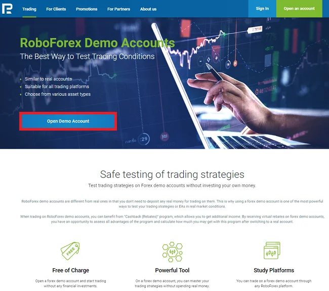 Demo account page RoboForex