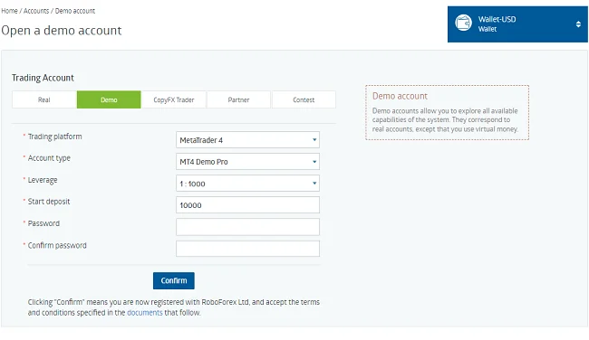Select trading account in RoboForex